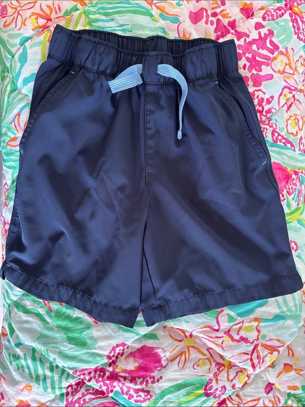 Primary Navy Athletic Shorts with Light Blue Drawstring, size 8-9